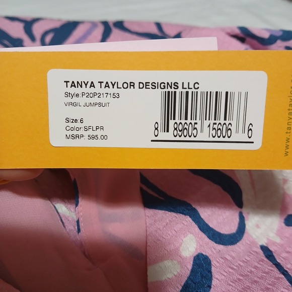 Tanya Taylor Pink Floral Print Wrap Jumpsuit Cropped Sleeve Tie Waist Size 6 - Picture 9 of 14